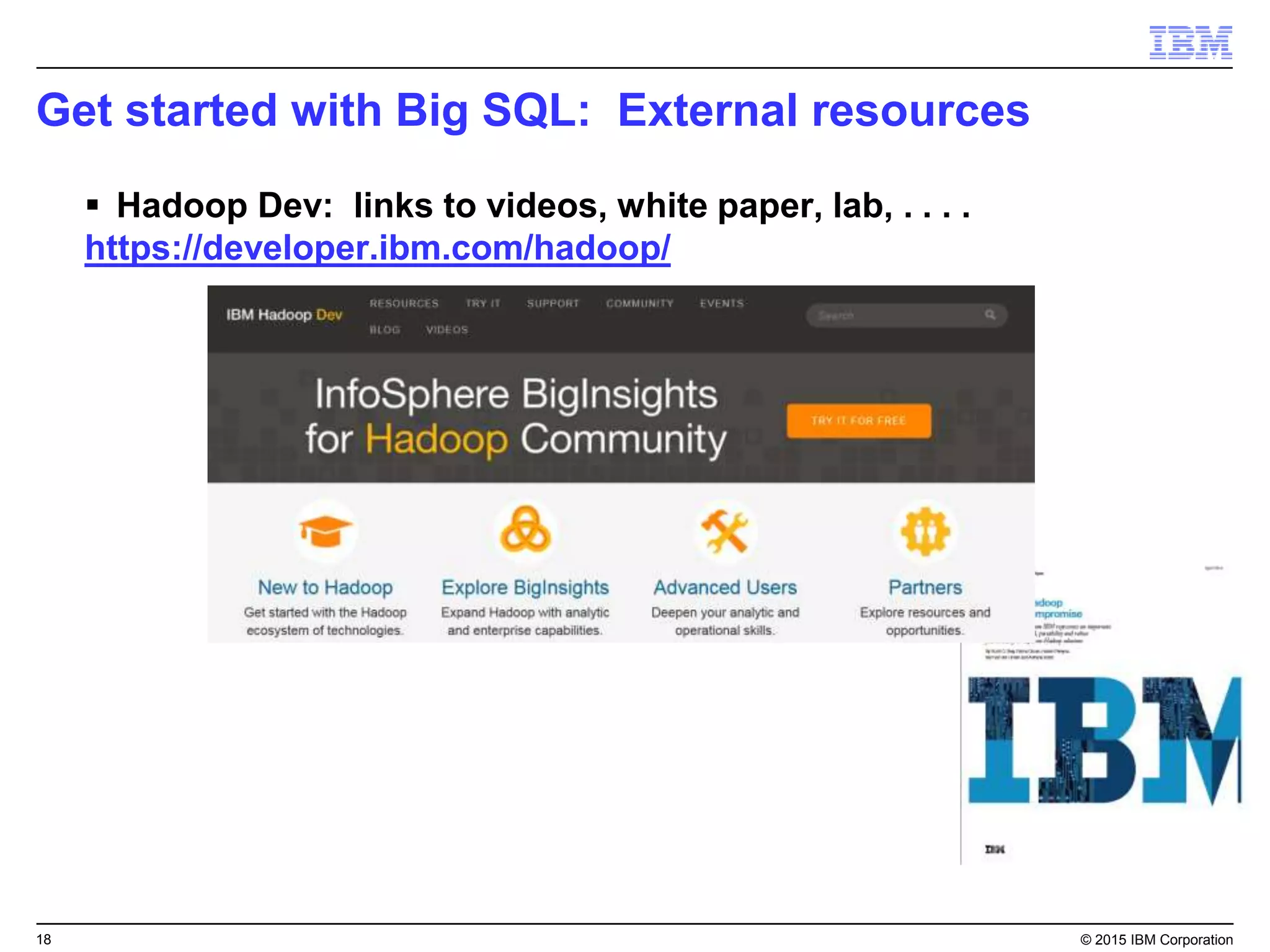 18 © 2015 IBM Corporation
Get started with Big SQL: External resources
 Hadoop Dev: links to videos, white paper, lab, . . . .
https://developer.ibm.com/hadoop/
 