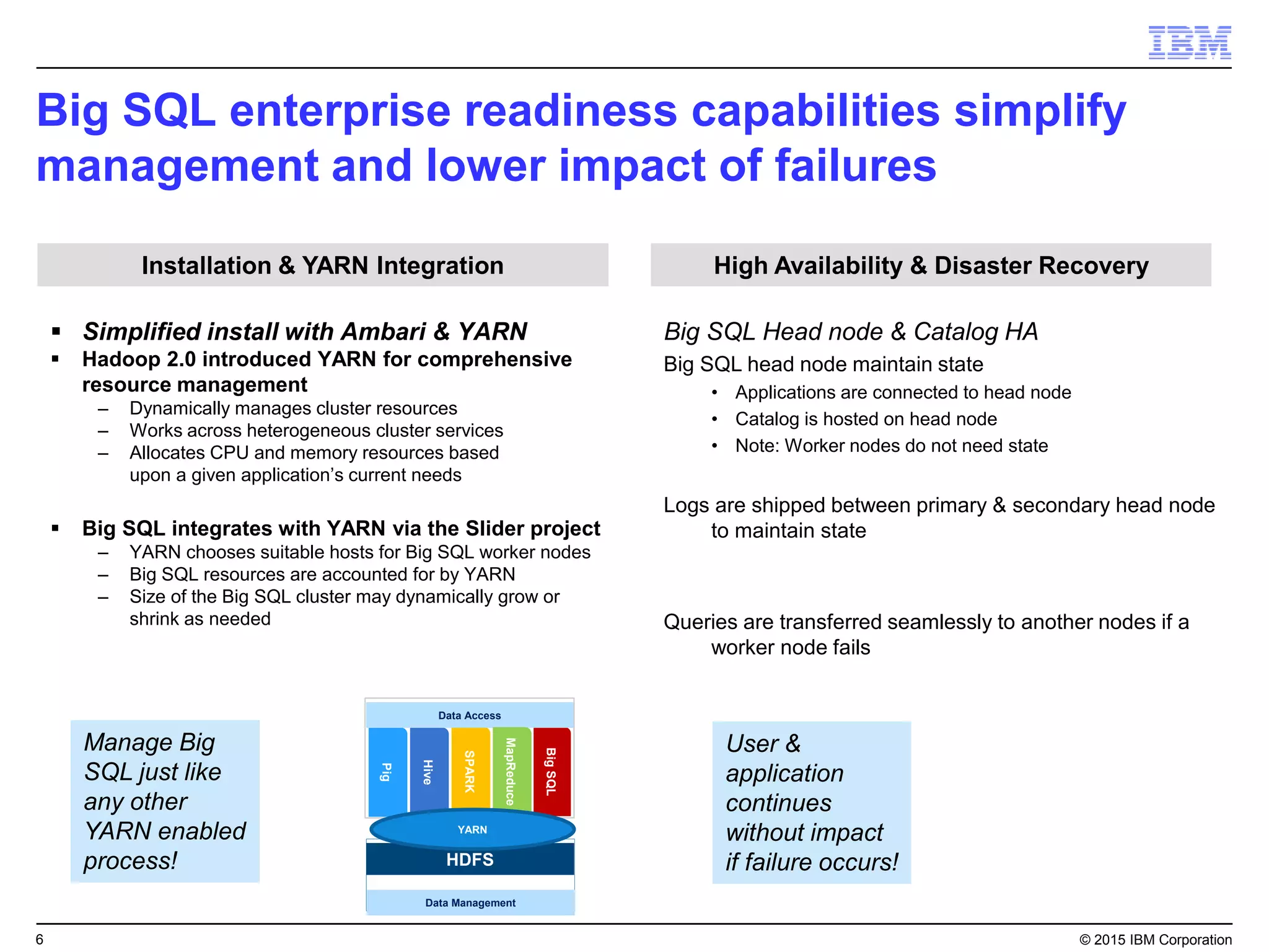 6 © 2015 IBM Corporation
Big SQL enterprise readiness capabilities simplify
management and lower impact of failures
Installation & YARN Integration High Availability & Disaster Recovery
Data Management
SPARK
Hive
Pig
BigSQL
Data Access
HDFS
MapReduce
YARN
 Simplified install with Ambari & YARN
 Hadoop 2.0 introduced YARN for comprehensive
resource management
– Dynamically manages cluster resources
– Works across heterogeneous cluster services
– Allocates CPU and memory resources based
upon a given application’s current needs
 Big SQL integrates with YARN via the Slider project
– YARN chooses suitable hosts for Big SQL worker nodes
– Big SQL resources are accounted for by YARN
– Size of the Big SQL cluster may dynamically grow or
shrink as needed
Big SQL Head node & Catalog HA
Big SQL head node maintain state
• Applications are connected to head node
• Catalog is hosted on head node
• Note: Worker nodes do not need state
Logs are shipped between primary & secondary head node
to maintain state
Queries are transferred seamlessly to another nodes if a
worker node fails
Manage Big
SQL just like
any other
YARN enabled
process!
User &
application
continues
without impact
if failure occurs!
 