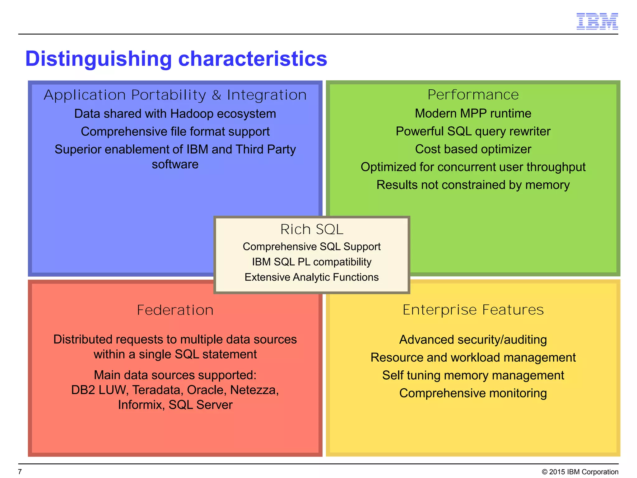 7 © 2015 IBM Corporation
Application Portability & Integration
Data shared with Hadoop ecosystem
Comprehensive file format support
Superior enablement of IBM and Third Party
software
Performance
Modern MPP runtime
Powerful SQL query rewriter
Cost based optimizer
Optimized for concurrent user throughput
Results not constrained by memory
Federation
Distributed requests to multiple data sources
within a single SQL statement
Main data sources supported:
DB2 LUW, Teradata, Oracle, Netezza,
Informix, SQL Server
Enterprise Features
Advanced security/auditing
Resource and workload management
Self tuning memory management
Comprehensive monitoring
Rich SQL
Comprehensive SQL Support
IBM SQL PL compatibility
Extensive Analytic Functions
Distinguishing characteristics
 