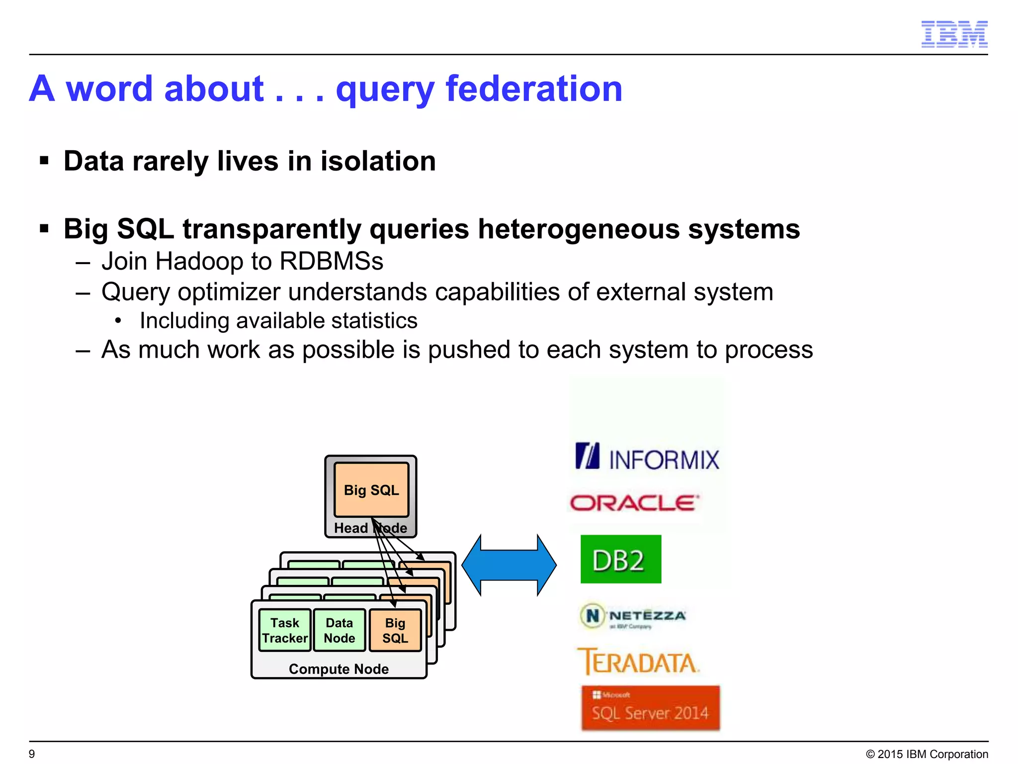 9 © 2015 IBM Corporation
A word about . . . query federation
 Data rarely lives in isolation
 Big SQL transparently queries heterogeneous systems
– Join Hadoop to RDBMSs
– Query optimizer understands capabilities of external system
• Including available statistics
– As much work as possible is pushed to each system to process
Head Node
Big SQL
Compute Node
Task
Tracker
Data
Node
Big
SQL
Compute Node
Task
Tracker
Data
Node
Big
SQL
Compute Node
Task
Tracker
Data
Node
Big
SQL
Compute Node
Task
Tracker
Data
Node
Big
SQL
 