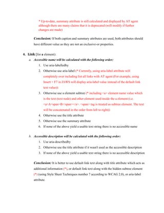 * Up-to-date, summary attribute is still calculated and displayed by AT agent
although there are many claims that it is deprecated (will modify if further
changes are made)
Conclusion: If both caption and summary attributes are used, both attributes should
have different value as they are not an exclusive-or properties.
4. Link (for a element):
a. Accessible name will be calculated with the following order:
1. Use aria-labelledby
2. Otherwise use aria-label (* Currently, using aria-label attribute will
completely over including list all links with AT agent (For example, using
Insert + F7 in JAWS will display aria-label value instead of the default link
text value))
3. Otherwise use a element subtree (* including <a> element name value which
is the text (text node) and other element used inside the a element (i.e.
<a>A<span>B</span></a>. <span> tag is treated as subtree element. The text
will be concatenated in the order from left to right))
4. Otherwise use the title attribute
5. Otherwise use the summary attribute
6. If none of the above yield a usable text string there is no accessible name
b. Accessible description will be calculated with the following order:
1. Use aria-describedby
2. Otherwise use the title attribute if it wasn't used as the accessible description
3. If none of the above yield a usable text string there is no accessible description
Conclusion: It is better to use default link text along with title attribute which acts as
additional information (*), or default link text along with the hidden subtree element
(*) (using Style Sheet Techniques number 7 according to WCAG 2.0), or aria-label
attribute.
 