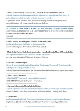 • maría josé gutiérrez-Cobo, rosario Cabello & Pablo fernández-Berrocal
Revisión sistemática de los procesos cerebrales subyacentes a la Inteligencia Emocional y su
potencial papel mediador sobre las conductas agresivas y el cerebro
A systematic review about the brain processes underlying Emotional Intelligence and its
potential mediator role in aggressive behavior and the brain
inteLigenCiA emoCionAL y nUevAs APLiCACiones en eDUCACion emoCionAL
emotionAL inteLLigenCe AnD neW APPLiCAtions in emotionAL eDUCAtion
Coordinadora/Chair: Ona Albornoz
Sala 23B
• maría Belloso, maría eugenia ferrario & mariana Aldao
Inteligencia Emocional. Aplicación en el contexto escolar
Emotional Intelligence. Application on the school context
•maríaCeciliamarino,giselaCappi,AgustinaDorrmansilla,Alejandramaset&mercedesDefain
Una experiencia en Educación Emocional: Artistas con Emoción
An experience in Emotional Education: Artist with Emotion
• rozzana sánchez Aragón
Efectos de la Intensidad Emocional, Sexo, Edad, Escolaridad y Tiempo en la Relación sobre las
Estrategias de Co-Regulación Emocional
EffectsofEmotionalIntensity,Gender,Age,EducationandRelationshipTimeoverCo-Regulationsstrategies
• maría emilia Christello
“CREAMAKER” (Programa de creatividad + Innovación)
“CREAMAKER” (Creativity Program + Innovation)
• mariana schenone & maría valeria molina
Taller de experiencia única. Un método de abordaje innovador en capacitación. Aprender haciendo
Unique Experience Workshop. An innovative method in coaching. Learning while doing
• Arturo trejo
Implicaciones de Inteligencia Emocional y resultados de proyectos en tecnología en Hispanos
Implications of Emotional Intelligence and Project Outcomes in technology in Hispanics.
10 5to
Congreso Internacional de Inteligencia Emocional
 