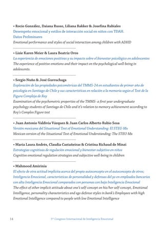 • rocío gonzález, Daiana russo, Liliana Bakker & josefina rubiales
Desempeño emocional y estilos de interacción social en niños con TDAH.
Datos Preliminares
Emotional performance and styles of social interaction among children with ADHD
• Lisie Karen meier & Laura Beatriz oros
La experiencia de emociones positivas y su impacto sobre el bienestar psicológico en adolescentes
The experience of positive emotions and their impact on the psychological well-being in
adolescents.
• sergio nuño & josé gurruchaga
Exploración de las propiedades psicométricas del TMMS-24 en estudiantes de primer año de
psicología en Santiago de Chile y sus características en relación a la memoria según el Test de la
Figura Compleja de Rey
Examination of the psychometric properties of the TMMS- a first year undergraduate
psychology students of Santiago de Chile and it’s relation to memory achievement according to
Rey’s Complex Figure test
• juan Antonio valdivia vázquez & juan Carlos Alberto rubio sosa
Versión mexicana del Situational Test of Emotional Understanding: El STEU-Mx
Mexican version of the Situational Test of Emotional Understanding: The STEU-Mx
• maría Laura Andrés, Claudia Castañeiras & Cristina richaud de minzi
Estrategias cognitivas de regulación emocional y bienestar subjetivo en niños
Cognitive emotional regulation strategies and subjective well-being in children
• mahmood Amirinia
El efecto de otra actitud implícita acerca del propio autoconcepto en el autoconcepto de otros;
Inteligencia Emocional, características de personalidad y defensas del yo en empleados bancarios
con alta Inteligencia Emocional comparados con personas con baja Inteligencia Emocional
The effect of other implicit attitude about one’s self-concept on his/her self-concept, Emotional
Intelligence, personality characteristics and ego defense styles in bank’s Employees with high
Emotional Intelligence compared to people with low Emotional Intelligence
14 5to
Congreso Internacional de Inteligencia Emocional
 