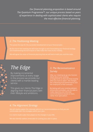 Our financial planning proposition is based around
The Quantum Programme™, our unique process based on years
of experience in dealing with sophisticated clients who require
the most effective financial planning.
By making incremental
improvements at every stage
in the process we provide our
clients with a market leading
service.
This gives our clients The Edge in
aligning their financial plans with
their lifestyle and ambitions.
2. The Positioning Meeting
This paves the way for the successful development of your financial plan.
By the end of the meeting we will know enough to start formulating your financial strategy
and implementing the techniques to help make the most of your money.
We will agree the areas of financial planning that we will look at with you, and the costs.
3. The Reconnaissance
Survey
After our meeting we go into forensic
detail about your existing
arrangements so that we know exactly
what you have in place - the charges,
the underlying fund performance and
the small print of the contracts.
By liaising with your existing advisers
and product providers, we are able to
make objective and informed
recommendations based on facts,
rather than speculation.
4. The Alignment Strategy
We will clearly explain the rationale behind our recommendations so that you are
comfortable with the strategies within your plan.
It is vital to build a plan that adapts to the changes in your life.
We also identify realistic timescales for putting your plan in place
The Edge
 