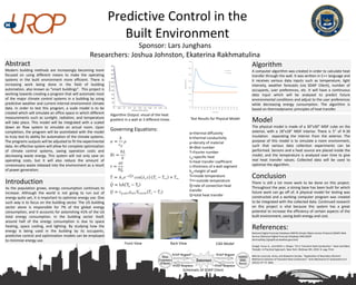 Predictive Control in the
Built Environment
Sponsor: Lars Junghans
Researchers: Joshua Johnston, Ekaterina Rakhmatulina
Abstract
Modern building methods are increasingly becoming more
focused on using different means to make the operating
systems in the built environment more efficient. There is
increasing work being done in the field of building
automation, also known as “smart buildings”. This project is
working towards creating a program that will automate most
of the major climate control systems in a building by using
predictive weather and current internal environment climate
data. In order to test this program, a scale model is to be
created which will simulate an office space in which different
measurements such as sunlight, radiation, and temperature
will take place. This model will be integrated with a scaled
down air flow system to simulate an actual room. Upon
completion, the program will be assimilated with the model
to truly test its ability for automation of the climate systems.
The programs outputs will be adjusted to fit the experimental
data. An effective system will allow for complete optimization
of climate control systems, saving operation costs and
decreasing waste energy. This system will not only save on
operating costs, but it will also reduce the amount of
unnecessary waste released into the environment as a result
of power generation.
Introduction
As the population grows, energy consumption continues to
increase. Although the world is not going to run out of
energy quite yet, it is important to optimize energy use. One
such way is to focus on the building sector. The US building
sector alone is responsible for 7% of the global energy
consumption, and it accounts for astonishing 41% of the US
total energy consumption. In the building sector itself,
around half of the energy consumption is due to space
heating, space cooling, and lighting. By studying how the
energy is being used in the building by its occupants,
predictive control and optimization models can be employed
to minimize energy use.
Algorithm
A computer algorithm was created in order to calculate heat
transfer through the wall. It was written in C++ language and
it receives various data inputs such as temperature, light
intensity, weather forecasts (via SOAP Client), number of
occupants, user preferences, etc. It will have a continuous
data input which will be analyzed to predict future
environmental conditions and adjust to the user preferences
while decreasing energy consumption. The algorithm is
based on thermodynamic principles of heat transfer.
Algorithm Output: visual of the heat
gradient in a wall at 3 different times Model
The physical model is made of a 30”x30” MDF cube on the
exterior, with a 18”x18” MDF Interior. There is 5” of R-30
insulation separating the interior from the exterior. The
purpose of this model is to simulate a room environment,
such that various data collection experiments can be
performed. Sensors and a heat source are placed inside the
model, and the temperature is analyzed over time to give
real heat transfer values. Collected data will be used to
optimize the algorithm.
Conclusion
There is still a lot more work to be done on this project.
Throughout the year, a strong base has been built for which
future work can go off of. A physical model for testing was
constructed and a working computer program was created
to be integrated with the collected data. Continued research
on this project is vital because this system has a great
potential to increase the efficiency of certain aspects of the
built environment, saving both energy and cost.
References:
National Digital Forecast Database (NDFD) Simple Object Access Protocol (SOAP) Web
Service (National Digital Forecast Database XML/SOAP
Service)http://graphical.weather.gov/xml/
Cengel, Yunus A., and Afshin J. Ghajar. "Ch 4: Transient Heat Conduction." Heat and Mass
Transfer: A Practical Approach. New York: McGraw-Hill, 2010. N. pag. Print.
Werner-Juszczuk, Anna, and Slawomir Soroko. "Application of Boundary Element
Method to Solution of Transient Heat Conduction." Acta Mechanica Et Automatica 6.4
(2012): 67-73. Web.
α=thermal diffusivity
k=thermal conductivity
ρ=density of material
Bi=Biot number
Τ=Fourier number
cp=specific heat
h=heat transfer coefficient
L=thickness of a wall segment
hw=height of wall
Ti=inside temperature
T∞=outside temperature
Q=rate of convection heat
transfer
Q=total heat transfer
Governing Equations:
Schematic of SOAP Client
Front View Back View CAD Model
Test Results for Physical Model
 