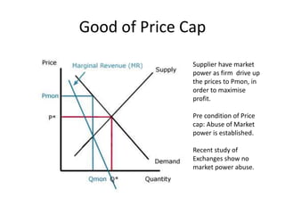 Good of Price Cap
Supplier have market
power as firm drive up
the prices to Pmon, in
order to maximise
profit.
Pre condition of Price
cap: Abuse of Market
power is established.
Recent study of
Exchanges show no
market power abuse.
 