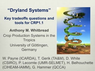“Dryland Systems”
 Key tradeoffs questions and
       tools for CRP1.1

   Anthony M. Whitbread
Crop Production Systems in the
           Tropics
   University of Göttingen,
          Germany

W. Payne (ICARDA), T. Gerik (TA&M), D. White
(CSIRO), P. Lecomte (UMR-SELMET), H. Belhouchette
(CIHEAM-IAMM), G. Hammer (QCCA)
 