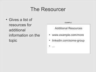 The Resourcer
●
Gives a list of
resources for
additional
information on the
topic
Additional Resources
●
www.example.com/m...