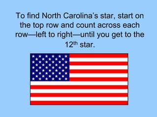 To find North Carolina’s star, start on
the top row and count across each
row—left to right—until you get to the
12th star.
 