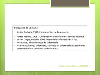 Bibliografía de Consulta:
• Kosier, Barbara. 1999. Fundamentos de Enfermería.
• Potter Patrícia. 1996. Fundamentos de Enfermería Teórico Práctica
• Witter Dugas, Beverly. 2000. Tratado de Enfermería Práctica.
• Price Alice, Fundamentos de Enfermería
• Pizarro Adalberto, Enfermero, Docente en Enfermería: experiencias
personales en el quehacer de Enfermería.
Adalberto Pizarro Enfermero MN 50305
 
