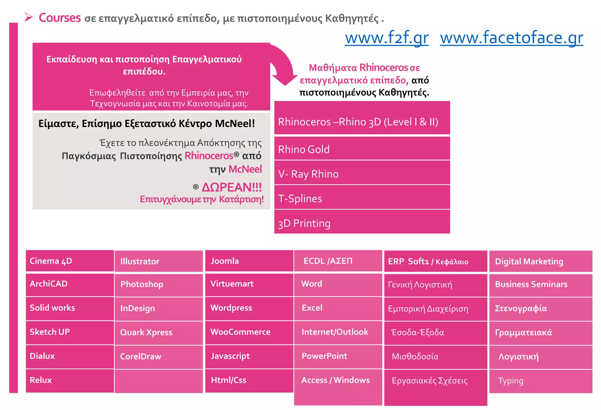Rhinoceros –Rhino 3D (Level I & II)
Rhino Gold
V- Ray Rhino
T-Splines
3D Printing
Έχετε το πλεονέκτημα Απόκτησης της
Παγκόσμιας Πιστοποίησης Rhinoceros® από
την McNeel
® ΔΩΡΕΑΝ!!!
Εκπαίδευση και πιστοποίηση Επαγγελματικού
επιπέδου.
Επωφεληθείτε από την Εμπειρία μας, την
Τεχνογνωσία μας και την Καινοτομία μας.
Είμαστε, Επίσημο Εξεταστικό Κέντρο McNeel!
 Courses σε επαγγελματικό επίπεδο, με πιστοποιημένους Καθηγητές .
Επιτυγχάνουμετην Κατάρτιση!
Μαθήματα Rhinocerosσε
επαγγελματικό επίπεδο, από
πιστοποιημένους Καθηγητές.
Cinema 4D
ArchiCAD
Solid works
Sketch UP
Dialux
Relux
Illustrator
Photoshop
InDesign
Quark Xpress
CorelDraw
Joomla
Virtuemart
Wordpress
WooCommerce
Javascript
Html/Css
ECDL /ΑΣΕΠ
Word
Excel
Internet/Outlook
PowerPoint
Access / Windows
ERP Soft1 / Κεφάλαιο
Γενική Λογιστική
Εμπορική Διαχείριση
Έσοδα-Έξοδα
Μισθοδοσία
Εργασιακές Σχέσεις
Digital Marketing
Business Seminars
Στενογραφία
Γραμματειακά
Λογιστική
Typing
www.f2f.gr www.facetoface.gr
 