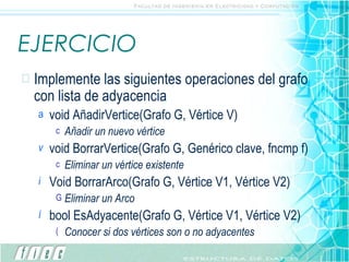 EJERCICIO Implemente las siguientes operaciones del grafo con lista de adyacencia void AñadirVertice(Grafo G, Vértice V) Añadir un nuevo vértice void BorrarVertice(Grafo G, Genérico clave, fncmp f) Eliminar un vértice existente Void BorrarArco(Grafo G, Vértice V1, Vértice V2) Eliminar un Arco bool EsAdyacente(Grafo G, Vértice V1, Vértice V2) Conocer si dos vértices son o no adyacentes 