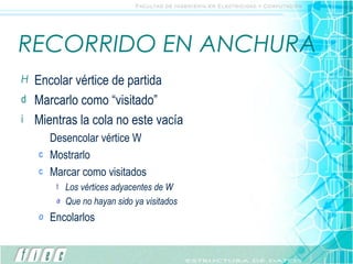 RECORRIDO EN ANCHURA Encolar vértice de partida Marcarlo como “visitado” Mientras la cola no este vacía Desencolar vértice W Mostrarlo Marcar como visitados Los vértices adyacentes de W Que no hayan sido ya visitados Encolarlos 