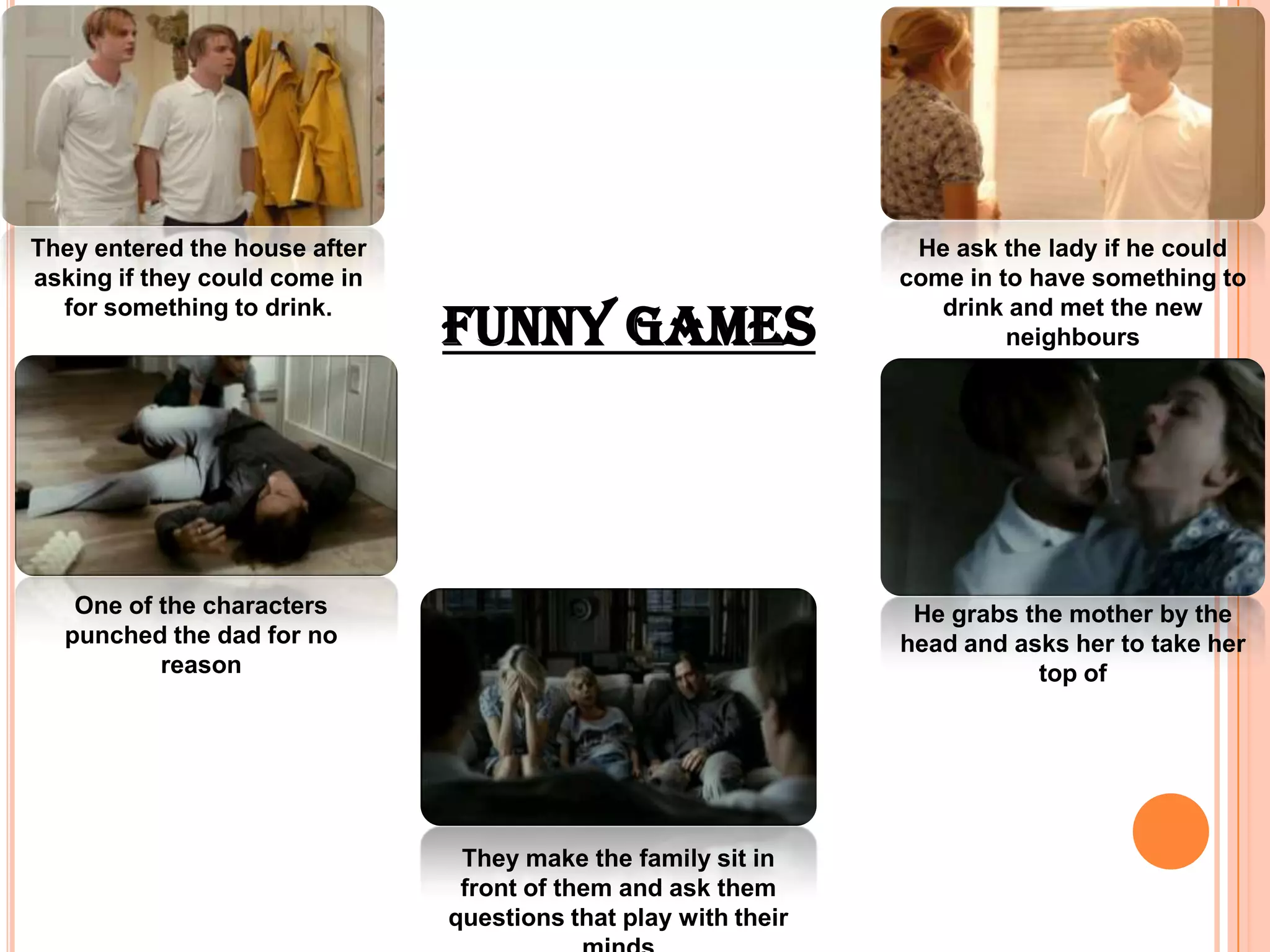 They entered the house after                                     He ask the lady if he could
asking if they could come in                                    come in to have something to

                               Funny games
  for something to drink.                                          drink and met the new
                                                                         neighbours




   One of the characters                                         He grabs the mother by the
  punched the dad for no                                        head and asks her to take her
          reason                                                           top of




                                They make the family sit in
                                front of them and ask them
                               questions that play with their
 