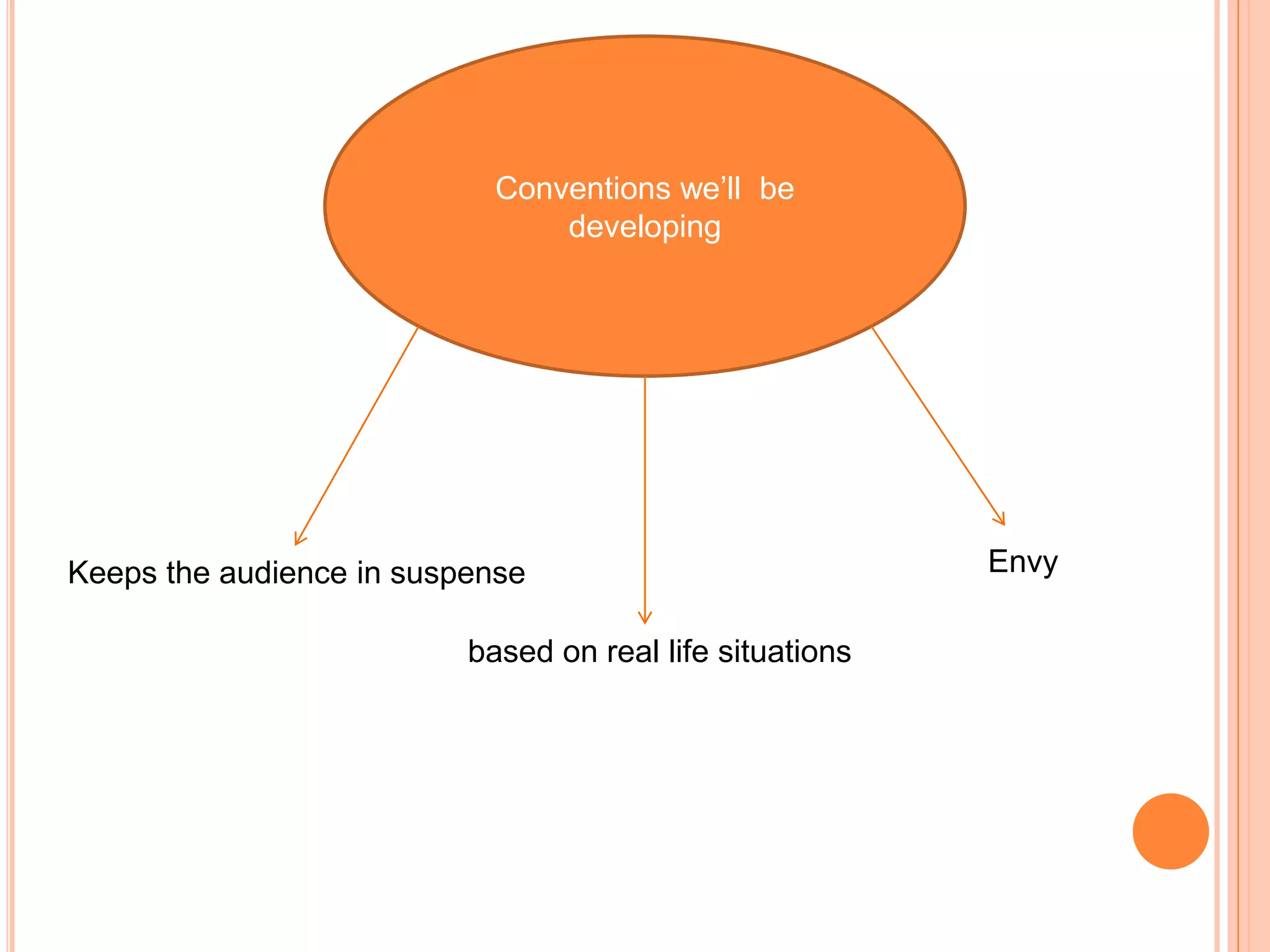 Conventions we’ll be
                                developing




Keeps the audience in suspense                            Envy

                          based on real life situations
 