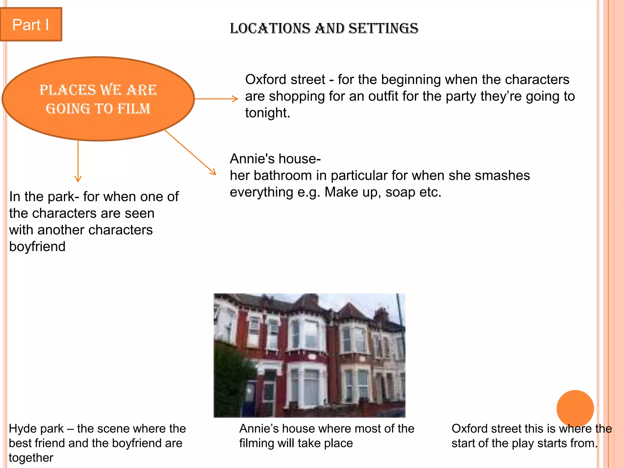 Part I                              Locations and settings


                                      Oxford street - for the beginning when the characters
     Places we are                    are shopping for an outfit for the party they’re going to
      going to film                   tonight.


                                    Annie's house-
                                    her bathroom in particular for when she smashes
In the park- for when one of        everything e.g. Make up, soap etc.
the characters are seen
with another characters
boyfriend




Hyde park – the scene where the      Annie’s house where most of the     Oxford street this is where the
best friend and the boyfriend are    filming will take place             start of the play starts from.
together
 