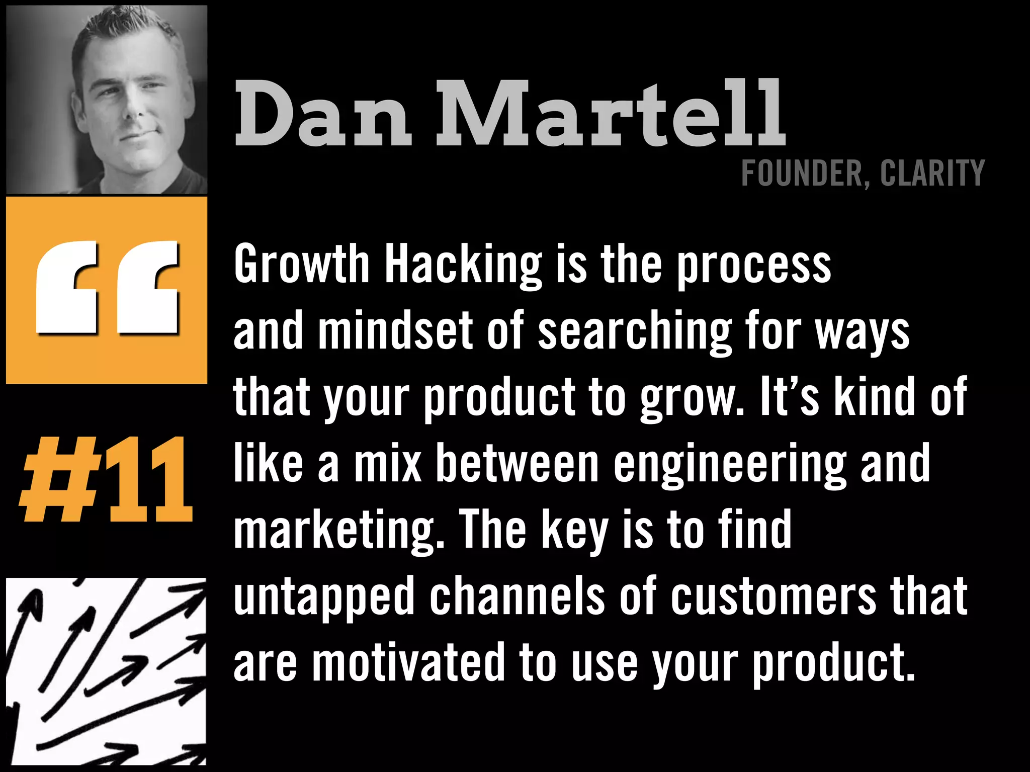 Growth Hacking is the process
and mindset of searching for ways
that your product to grow. It’s kind of
like a mix between engineering and
marketing. The key is to find
untapped channels of customers that
are motivated to use your product.
“
Dan MartellFOUNDER, CLARITY
#11
 
