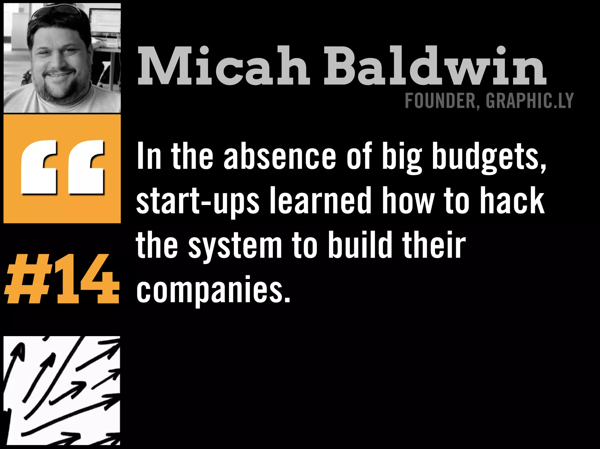 In the absence of big budgets,
start-ups learned how to hack
the system to build their
companies.
“
Micah BaldwinFOUNDER, GRAPHIC.LY
#14
 