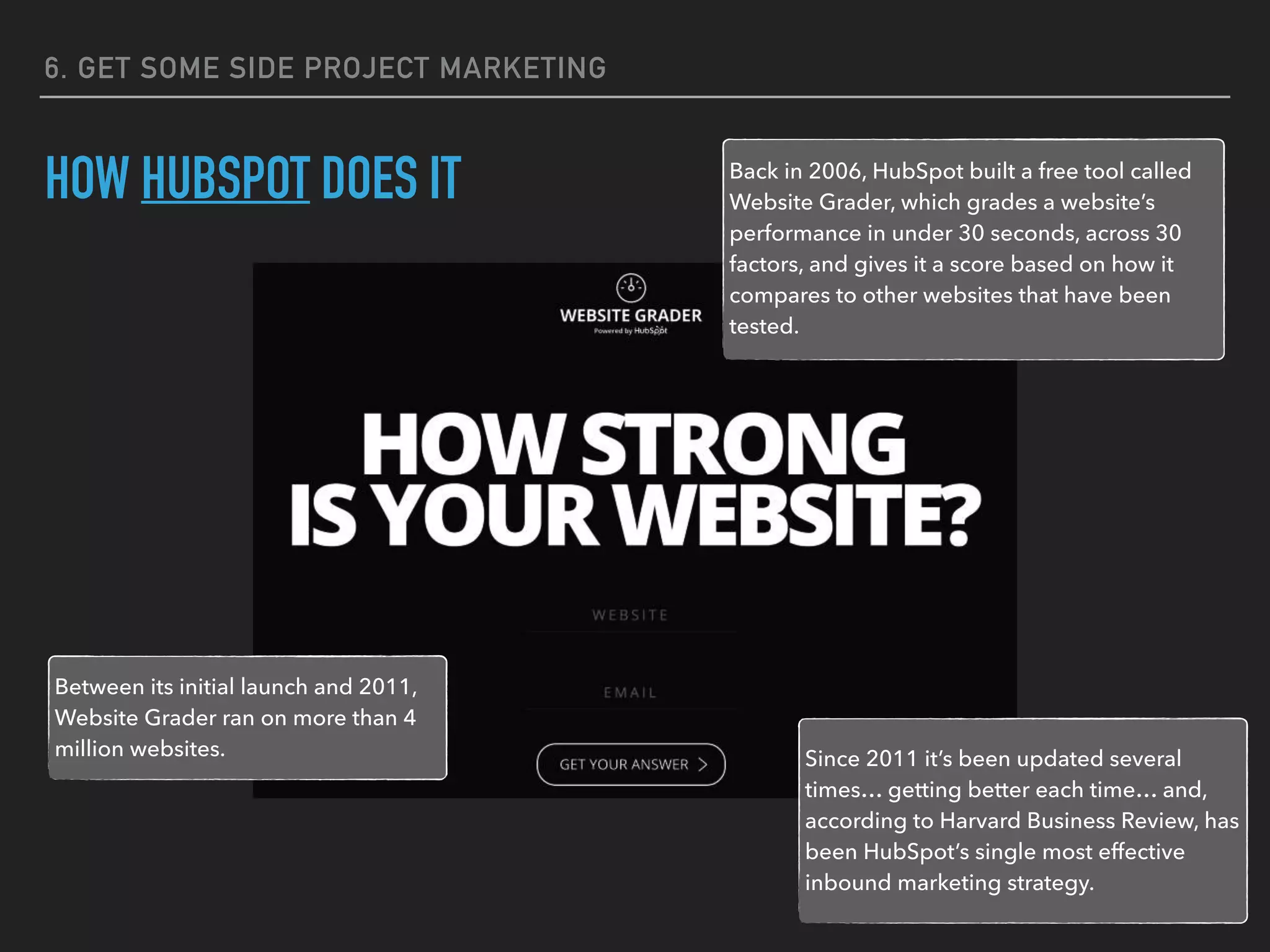 6. GET SOME SIDE PROJECT MARKETING
HOW HUBSPOT DOES IT Back in 2006, HubSpot built a free tool called
Website Grader, which grades a website’s
performance in under 30 seconds, across 30
factors, and gives it a score based on how it
compares to other websites that have been
tested.
Since 2011 it’s been updated several
times… getting better each time… and,
according to Harvard Business Review, has
been HubSpot’s single most effective
inbound marketing strategy.
Between its initial launch and 2011,
Website Grader ran on more than 4
million websites.
 