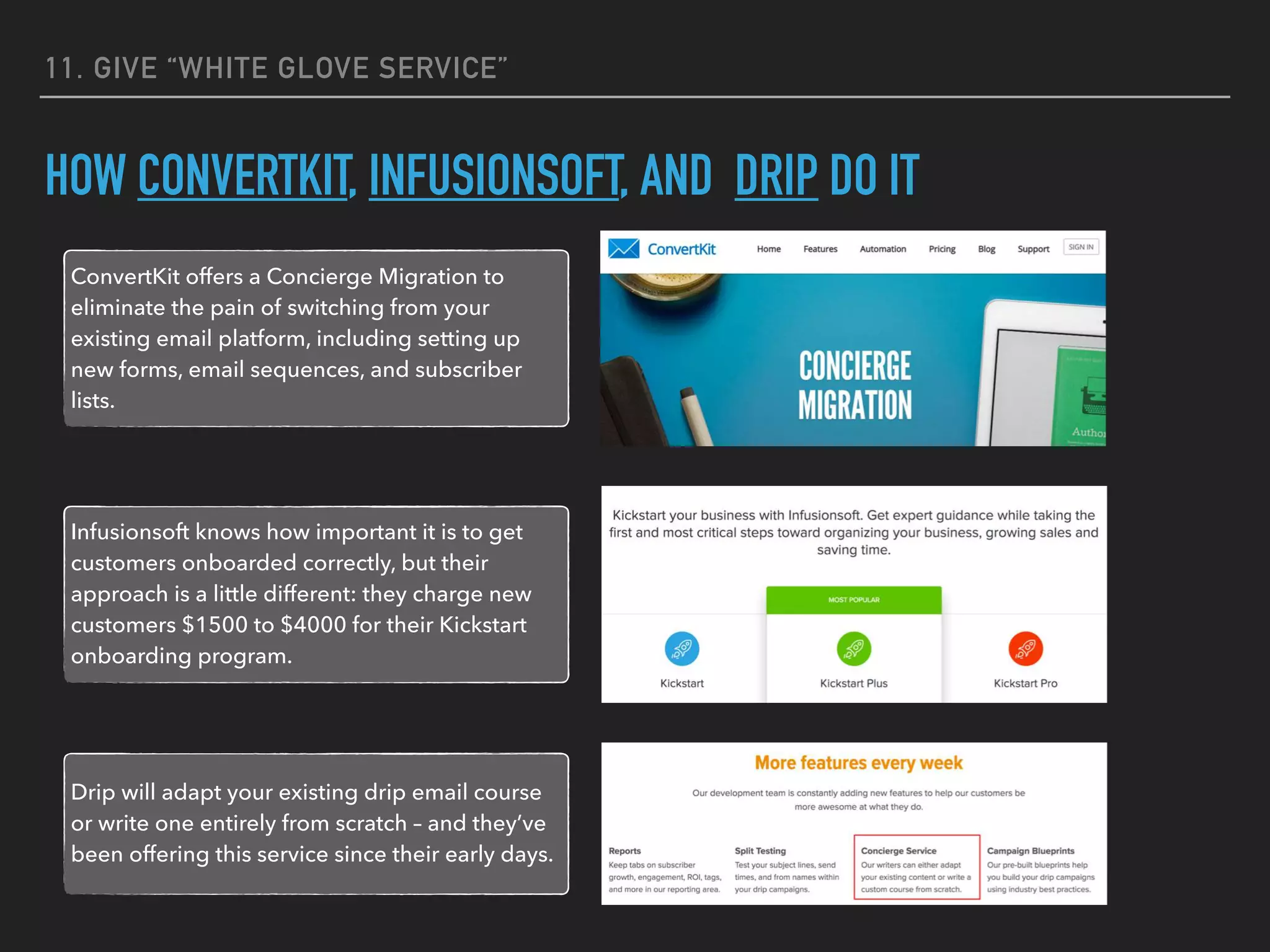 11. GIVE “WHITE GLOVE SERVICE”
HOW CONVERTKIT, INFUSIONSOFT, AND DRIP DO IT
ConvertKit offers a Concierge Migration to
eliminate the pain of switching from your
existing email platform, including setting up
new forms, email sequences, and subscriber
lists.
Infusionsoft knows how important it is to get
customers onboarded correctly, but their
approach is a little different: they charge new
customers $1500 to $4000 for their Kickstart
onboarding program.
Drip will adapt your existing drip email course
or write one entirely from scratch – and they’ve
been offering this service since their early days.
 