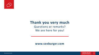 © SEEBURGER AG 2019 20
Thank you very much
Questions or remarks?
We are here for you!
www.seeburger.com
 