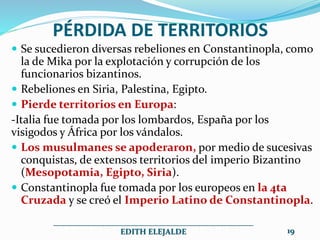 PÉRDIDA DE TERRITORIOS
 Se sucedieron diversas rebeliones en Constantinopla, como
la de Mika por la explotación y corrupción de los
funcionarios bizantinos.
 Rebeliones en Siria, Palestina, Egipto.
 Pierde territorios en Europa:
-Italia fue tomada por los lombardos, España por los
visigodos y África por los vándalos.
 Los musulmanes se apoderaron, por medio de sucesivas
conquistas, de extensos territorios del imperio Bizantino
(Mesopotamia, Egipto, Siria).
 Constantinopla fue tomada por los europeos en la 4ta
Cruzada y se creó el Imperio Latino de Constantinopla.
__________________________________________________
EDITH ELEJALDE 19
 