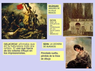 GOYA   (por la influencia de Velázquez en su serie para los Médicis) DELACROIX:  afirmaba que en la naturaleza todo era reflejo. El  uso que hacía de los colores influyó en los impresionistas.  Pincelada suelta, pérdida de la línea  de dibujo VELÁZQUEZ:  JARDINES DE LA VILLA MÉDICIS GOYA : LA LECHERA DE BURDEOS 