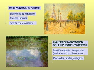 Escenas de la naturaleza Escenas urbanas Interés por lo cotidiano Pinceladas rápidas, enérgicas Relación espacio,  tiempo y luz (series sobre un mismo tema) 