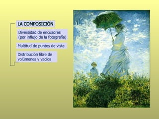Diversidad de encuadres (por influjo de la fotografía) Multitud de puntos de vista Distribución libre de volúmenes y vacíos 