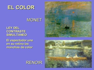 EL COLOR LEY DEL CONTRASTE SIMULTÁNEO El espectador une en su retina las manchas de color MONET RENOIR 