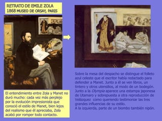 Sobre la mesa del despacho se distingue el folleto azul celeste que el escritor había redactado para defender a Manet. Junto a él se ven libros, un tintero y otros utensilios, al modo de un bodegón. Junto a la  Olympia  aparece una estampa japonesa de Utamaro y sobrepuesta a otra reproducción de Velázquez  como queriendo testimoniar las tres grandes influencias de su estilo. A la izquierda, parte de un biombo también nipón. El entendimiento entre Zola y Manet no duró mucho: cada vez más perplejo por la evolución impresionista que conoció el estilo de Manet, bien lejos del realismo que él apreciaba, Zola acabó por romper todo contacto. 