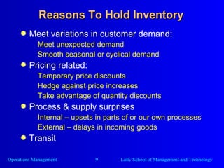Reasons To Hold Inventory Meet variations in customer demand: Meet unexpected demand Smooth seasonal or cyclical demand Pricing related: Temporary price discounts Hedge against price increases Take advantage of quantity discounts Process & supply surprises Internal – upsets in parts of or our own processes External – delays in incoming goods Transit 