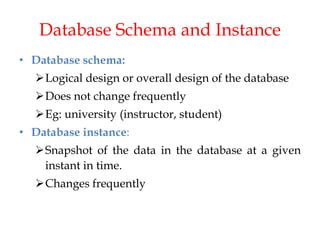 Database Schema and Instance
• Database schema:
Logical design or overall design of the database
Does not change frequently
Eg: university (instructor, student)
• Database instance:
Snapshot of the data in the database at a given
instant in time.
Changes frequently
 