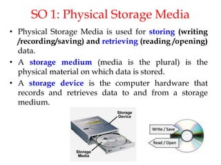 SO 1: Physical Storage Media
• Physical Storage Media is used for storing (writing
/recording/saving) and retrieving (reading /opening)
data.
• A storage medium (media is the plural) is the
physical material on which data is stored.
• A storage device is the computer hardware that
records and retrieves data to and from a storage
medium.
 