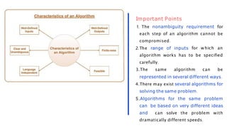 for w hich an
to be specified
1. The nonambiguity requirement for
each step of an algorithm cannot be
compromised.
2.The range of inputs
algorithm works has
carefully.
3.The same algorithm can be
represented in several different ways.
4.There may exist several algorithms for
solving the same problem.
5.Algorithms for the same problem
can be based on very different ideas
and can solve the problem with
dramatically different speeds.
Important Points
 