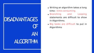 DISADVANTAGES
O
F
AN
ALGO
RITHM
Writing an algorithm takes a long
time - time-consuming.
Branching and Looping
statements are difficult to show
in Algorithms.
Big tasks are difficult to put in
Algorithms
 