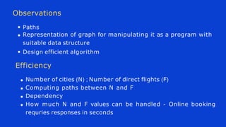 Observations
Paths
Representation of graph for manipulating it as a program with
suitable data structure
Design efficient algorithm
Efficiency
Number of cities (N) ; Number of direct flights (F)
Computing paths between N and F
Dependency
How much N and F values can be handled - Online booking
requries responses in seconds
 