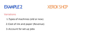 EXAMPLE2 XERO
XSHO
P
Variations
1.Types of machines (old or new)
2.Cost of ink and paper (Revenue)
3.Account for set up jobs
 