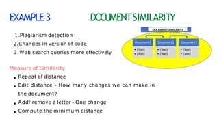 EXAMPLE3 DO
CUMENTSIMILARITY
1.Plagiarism detection
2.Changes in version of code
3.Web search queries more effectively
Measure of Similarity
Repeat of distance
Edit distance - How many changes we can make in
the document?
Add/ remove a letter - One change
Compute the minimum distance
 