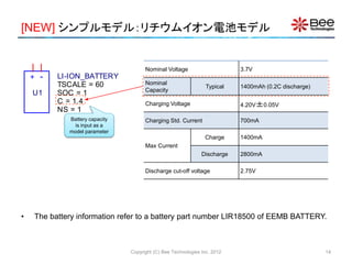 [NEW] シンプルモデル：リチウムイオン電池モデル
Copyright (C) Bee Technologies Inc. 2012
• The battery information refer to a battery part number LIR18500 of EEMB BATTERY.
+ -
U1
LI-ION_BATTERY
SOC = 1
NS = 1
TSCALE = 60
C = 1.4
Battery capacity
is input as a
model parameter
Nominal Voltage 3.7V
Nominal
Capacity
Typical 1400mAh (0.2C discharge)
Charging Voltage 4.20V±0.05V
Charging Std. Current 700mA
Max Current
Charge 1400mA
Discharge 2800mA
Discharge cut-off voltage 2.75V
14
 