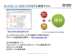 スパイス・パーク(スパイスモデル配信サイト)
Copyright (C) Bee Technologies Inc. 2012
購入し
やすい
検証
データ
便利
3,777モデルをご提供(2012年1月18日現在)http://www.spicepark.com
メールアドレスとパスワードのご登録でご利用できます。
グローバル版も順次公開中→ http://spicepark.net
8
2012年活動のテーマ
(1)スパイス・パークのサイトのリニューアル(現在進行中)
(2)コンテンツの充実
(3)グローバル版の充実
 