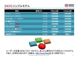 [NEW] シンプルモデル
Copyright (C) Bee Technologies Inc. 2012
ユーザーが定義できるパラメータモデル。あったら便利なアプリ的なスパイスモデル
であり、汎用性があります。詳細は、http://ow.ly/5sw4N をご参照下さい。
製品 価格(円) PSpice版 LTspice版
DCDCコンバータモデル 15,750 ご提供開始 ご提供開始
DCACインバータモデル 15,750 ご提供開始 ご提供開始
DCAC3相インバータモデル 15,750 ご提供開始 ご提供開始
DC電源モデル 15,750 ご提供開始 ご提供開始
ヒューズモデル [New] 31,500 ご提供開始 ご提供開始
トランスモデル [New] 84,000 N/A ご提供開始
リチウムイオン電池モデル 84,000 ご提供開始 ご提供開始
ニッケル水素電池モデル 84,000 ご提供開始 ご提供開始
鉛蓄電池モデル 84,000 開発中 開発中
9
 