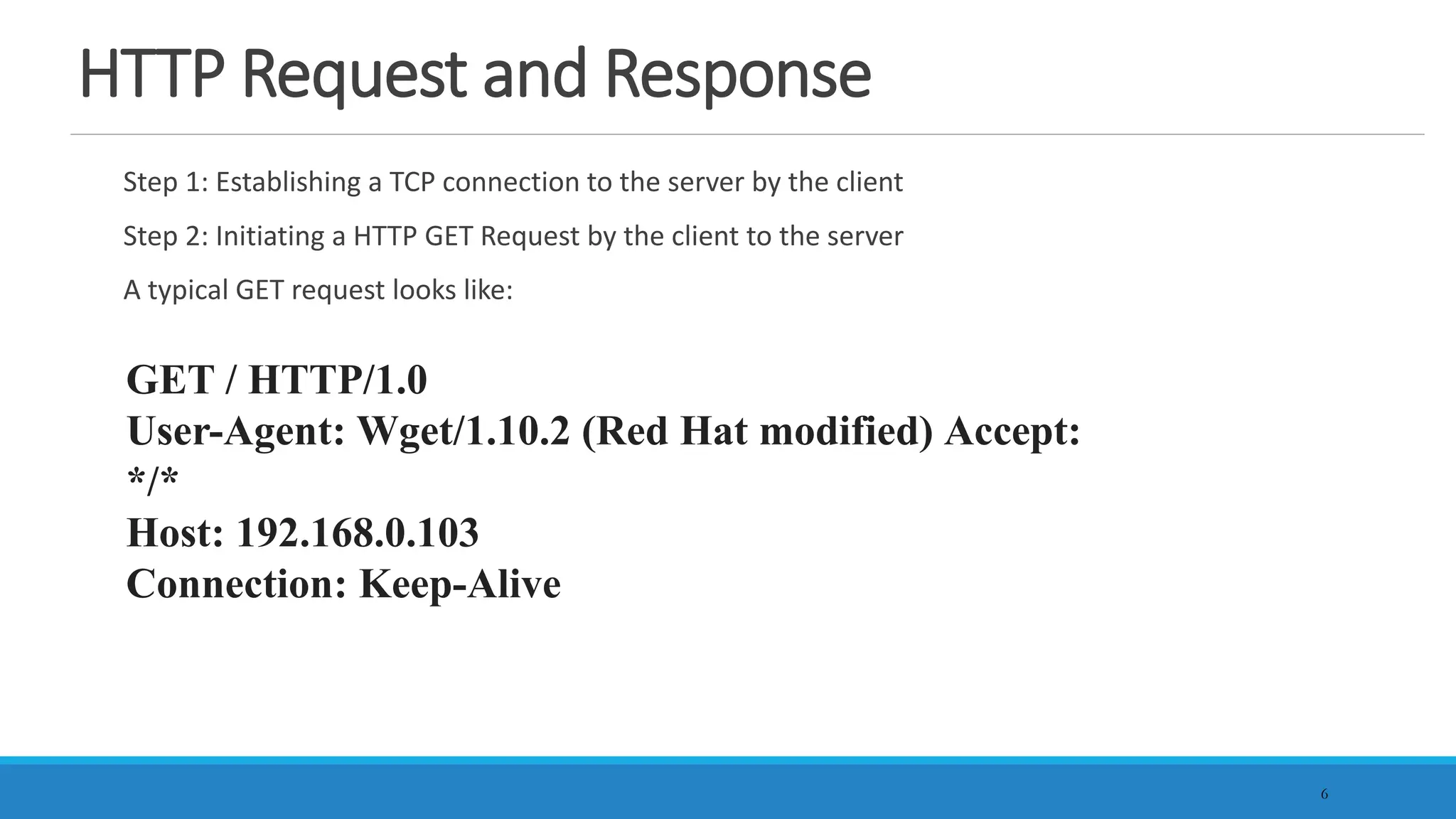 HTTP Request and Response
Step 1: Establishing a TCP connection to the server by the client
Step 2: Initiating a HTTP GET Request by the client to the server
A typical GET request looks like:
6
GET / HTTP/1.0
User-Agent: Wget/1.10.2 (Red Hat modified) Accept:
*/*
Host: 192.168.0.103
Connection: Keep-Alive
 