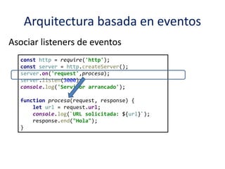 Arquitectura basada en eventos
Asociar listeners de eventos
const http = require('http');
const server = http.createServer();
server.on('request',procesa);
server.listen(3000);
console.log('Servidor arrancado');
function procesa(request, response) {
let url = request.url;
console.log(`URL solicitada: ${url}`);
response.end("Hola");
}
 