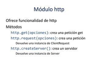 Módulo http
Ofrece funcionalidad de http
Métodos
http.get(opciones): crea una petición get
http.request(opciones): crea una petición
Devuelve una instancia de ClientRequest
http.createServer(): crea un servidor
Devuelve una instancia de Server
 