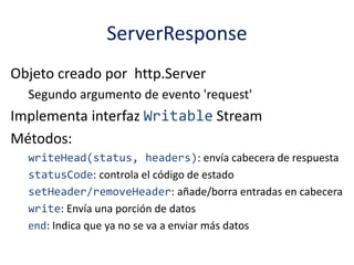 ServerResponse
Objeto creado por http.Server
Segundo argumento de evento 'request'
Implementa interfaz Writable Stream
Métodos:
writeHead(status, headers): envía cabecera de respuesta
statusCode: controla el código de estado
setHeader/removeHeader: añade/borra entradas en cabecera
write: Envía una porción de datos
end: Indica que ya no se va a enviar más datos
 