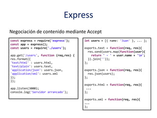 Express
Negociación de contenido mediante Accept
const express = require('express');
const app = express();
const users = require('./users');
app.get('/users', function (req,res) {
res.format({
'text/html' : users.html,
'text/plain': users.text,
'application/json': users.json,
'application/xml': users.xml
});
});
app.listen(3000);
console.log('Servidor arrancado');
let users = [{ name: 'Juan' }, ... ];
exports.text = function(req, res){
res.send(users.map(function(user){
return ' - ' + user.name + 'n';
}).join(''));
};
exports.json = function(req, res){
res.json(users);
};
exports.html = function(req, res){
...
};
exports.xml = function(req, res){
...
};
 
