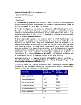 11
Los cambios de estado progresivos son:
• Sublimación Progresiva
• Fusión
• Evaporación
1. Sublimación progresiva: Este cambio se produce cuando un cuerpo pasa del
estado sólido al gaseoso directamente. La sublimación progresiva sólo ocurre en
algunas sustancias, como, el yodo y la naftalina.
2. Fusión. Es el paso de una sustancia, del estado sólido al líquido por la acción
del calor. La temperatura a la que se produce la fusión es característica de cada
sustancia. Por ejemplo la temperatura a la que ocurre la fusión del hielo es O° C
mientras la del hierro es de 1.525° C. La temperatura constante a la que ocurre la
fusión se denomina punto de fusión.
3. Evaporación. Es el paso de una sustancia desde el estado líquido al gaseoso.
Este cambio de estado ocurre normalmente a la temperatura ambiente, y sin
necesidad de aplicar calor. Bajo esas condiciones, sólo las partículas de la
superficie del líquido pasarán al estado gaseoso, mientras que aquéllas que están
más abajo seguirán en el estado inicial. Sin embargo, si se aplica mayor calor,
tanto las partículas de la superficie como las del interior del líquido podrán pasar al
estado gaseoso. El cambio de estado así producido se denomina ebullición. La
temperatura que cada sustancia necesita para alcanzar la ebullición es
característica, y se denomina punto de ebullición. Por ejemplo, al nivel del mar
el alcohol tiene un punto de ebullición de 78,5° C y el agua de 100°C.
La temperatura a la que ocurre la fusión o la ebullición de una sustancia es
un valor constante, es independiente de la cantidad de sustancia y no varía
aún cuando ésta continúe calentándose.
El punto de fusión y el punto de ebullición pueden considerarse como las huellas
digitales de una sustancia, puesto que corresponden a valores característicos,
propios de cada una y permiten su identificación.
Sustancia
Punto de
fusión (ºC)
Punto de
ebullición (ºC)
Agua (sustancia) 0 100
Alcohol (sustancia) -117 78
Hierro (elemento) 1.539 2.750
Cobre (elemento) 1.083 2.600
Aluminio (elemento) 660 2.400
Plomo (elemento) 328 1.750
 