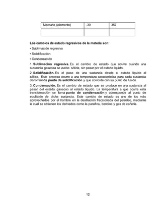 12
Mercurio (elemento) -39 357
Los cambios de estado regresivos de la materia son:
• Sublimación regresiva
• Solidificación
• Condensación
1. Sublimación regresiva. Es el cambio de estado que ocurre cuando una
sustancia gaseosa se vuelve sólida, sin pasar por el estado líquido.
2. Solidificación. Es el paso de una sustancia desde el estado líquido al
sólido. Este proceso ocurre a una temperatura característica para cada sustancia
denominada punto de solidificación y que coincide con su punto de fusión.
3. Condensación. Es el cambio de estado que se produce en una sustancia al
pasar del estado gaseoso al estado líquido. La temperatura a que ocurre esta
transformación se llama punto de condensación y corresponde al punto de
ebullición de dicha sustancia. Este cambio de estado es uno de los más
aprovechados por el hombre en la destilación fraccionada del petróleo, mediante
la cual se obtienen los derivados como la parafina, bencina y gas de cañería.
 