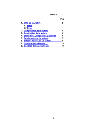 4
INDICE
Pag.
1. QUE ES MATERIA 5
1.1 Masa
1.2 Peso
2. Composición de la Materia 5
3. Continuidad de la Materia 6
4. Elementos, Compuestos y Mezclas 6
5. Propiedades de La materia 7
6. Estados Físicos de La Materia 8
7. Cambios de La Materia 9
8. Cambios de Estados físicos 10
 